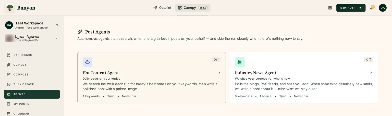 Canopy post agents: the Hot Content and Industry News agent cards