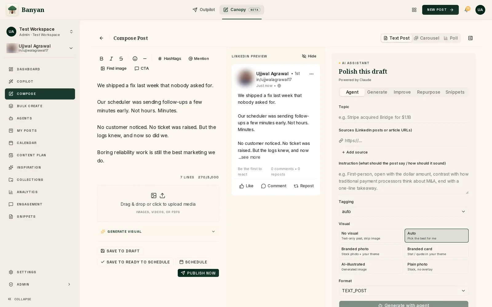 Canopy composer: a draft post with live LinkedIn preview and the AI assistant panel