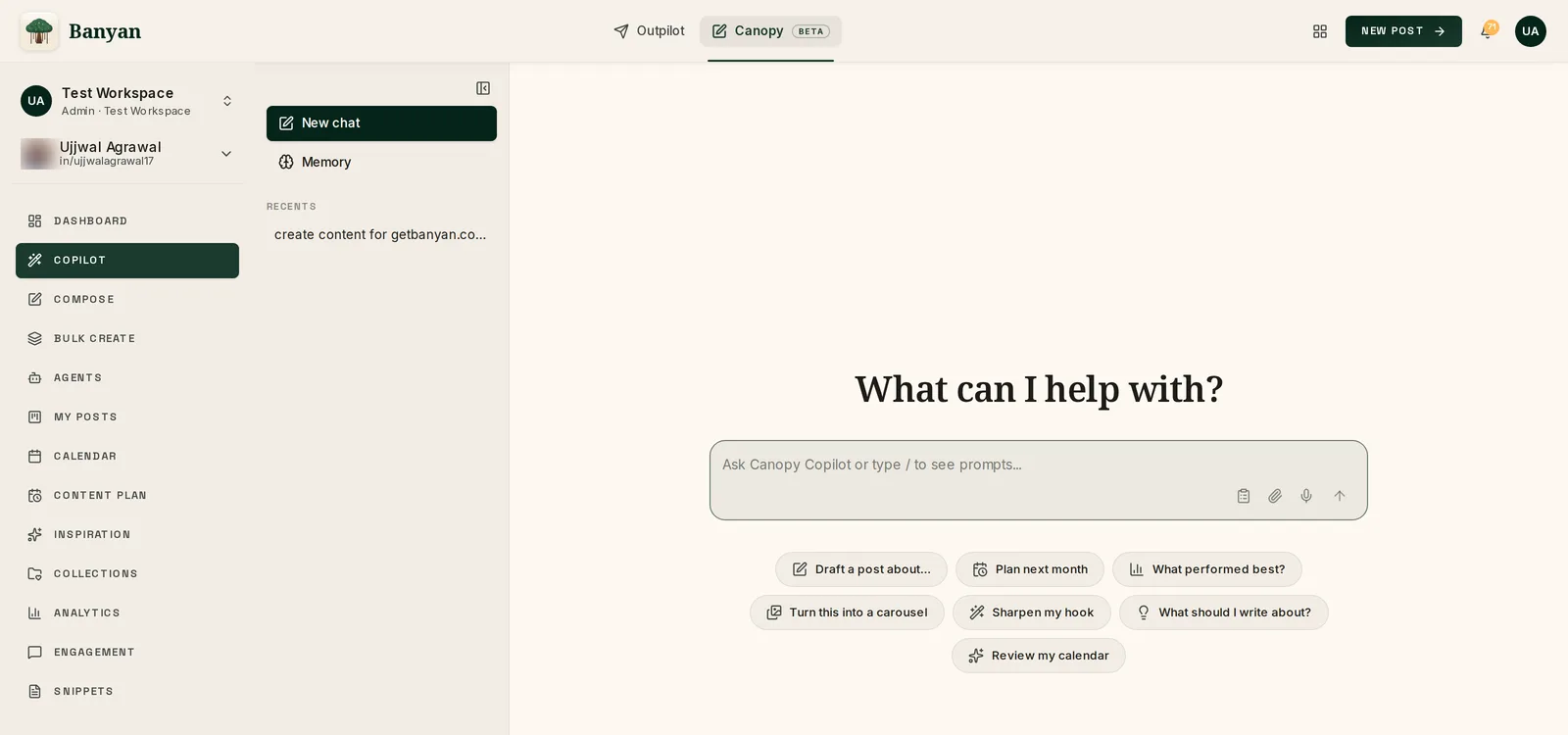 Canopy Copilot: chat prompt with quick actions to draft posts, plan months and review analytics