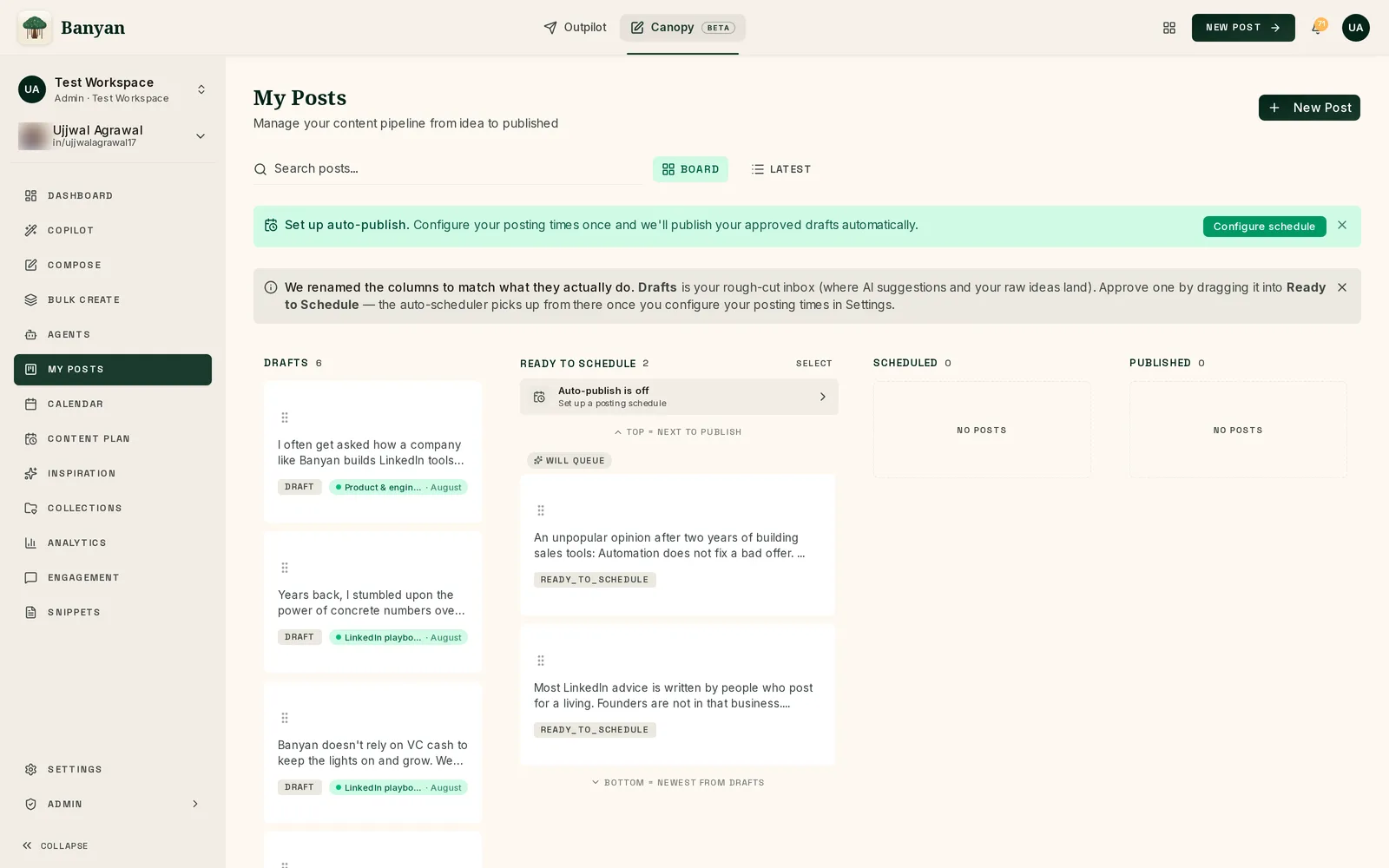Canopy My Posts board: drafts move to ready-to-schedule, then scheduled, then published